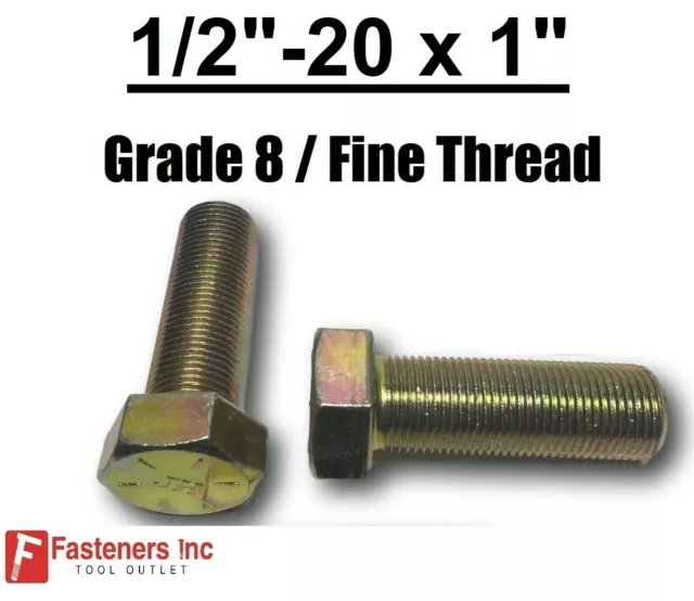 1/2-20 x 1" (FT) Hex Bolt Yellow Zinc Plated Grade 8 Cap Screw Fine Thread