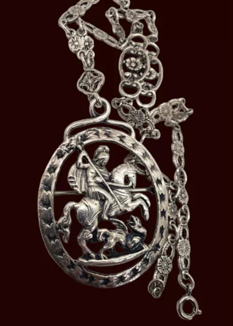 Vintage 925 Sterling Silver Peruzzi Ornate St George Dragon  Pendant Necklace