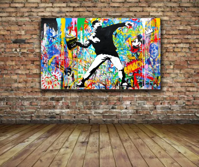 Banksy Thrower Malitov Cocktail - 34 x 20 Canvas Print Collage Graffiti NYC 2