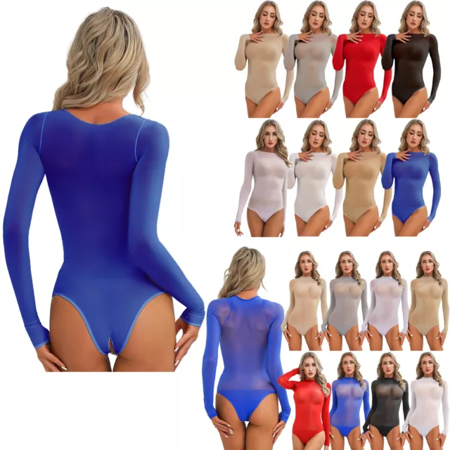 Womens Bodysuit Long Sleeve Leotard One Piece Jumpsuit Glossy Swimsuit Regular