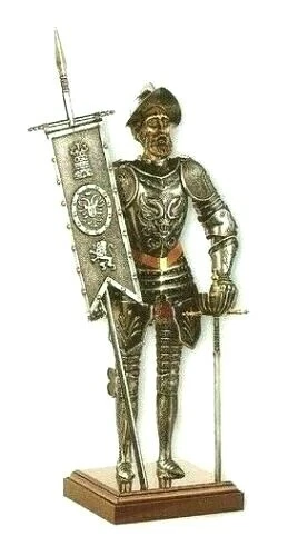 Ancienne Statue étain Conquistador Milieu Du Siècle 60's Vintage Mexique Bouclier