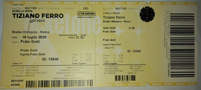 biglietto concerto Tiziano Ferro - Stadio Olimpico prato gold 25/06/23