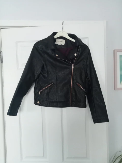 Giacca da motociclista River Island in pelle look età 11 bottoni con cerniera oro foderati (L4)