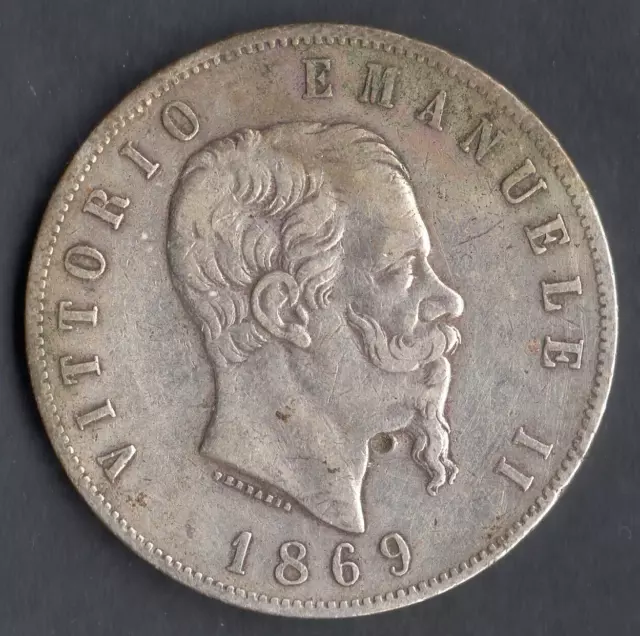 Ecu / Monnaie De 5 Lires Vittorio Emanuele Ii Italie 1869 M @ Milan @ Silver Top