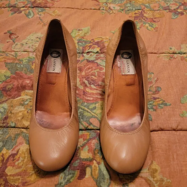 Lanvin Nude Tan Camel Wedge Heel Ballerina Pump Block 38.5 US 8.5 2