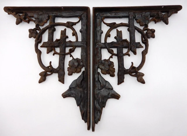 Antique Large Victorian Cast Iron Wall Shelf Brackets Wolf Or Dog's Head Style