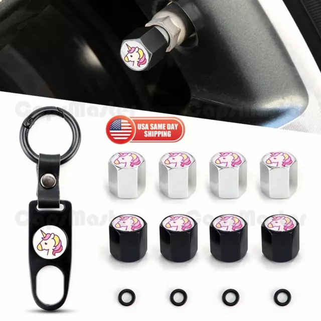 Universal Car Wheel Tire Valve Dust Stem Air Cap Keychain Ring Cute Unicorn Logo