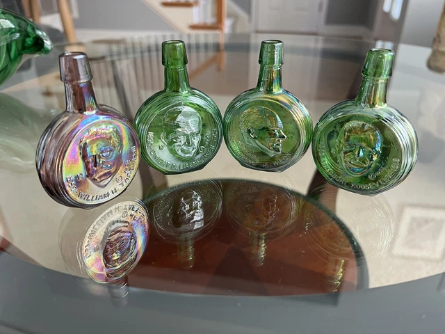 Lot Of 4 Presidents Bottle Blue & Green Carnival glass - Wheaton Bottles