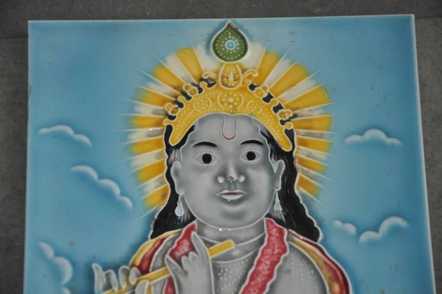 Vintage Figurine Colorful HS Mark Lord Krishna Embossed Ceramic Tile, Japan 2
