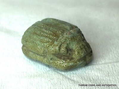 Ancient Egyptian Late Period Green Faience Button Scarab 664-535 B.c. Nice Piece 2
