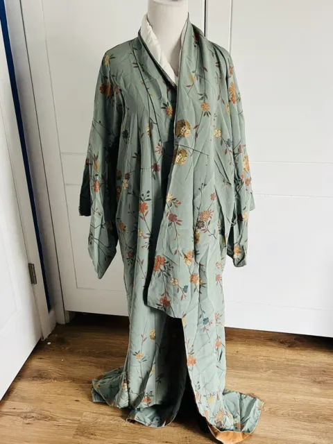 Custom made Japanese kimono Uchikake silk robe Japan handmade floral rare green