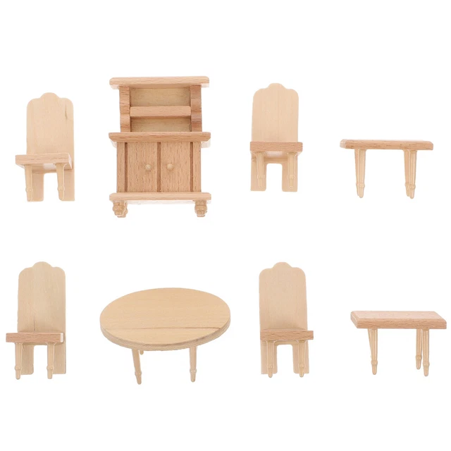 Salon Miniature Vintage 50's – Buffet, Table Et 2 Chaises En Bois – Échelle 1/2 – Occasion (usures Au Vernis)