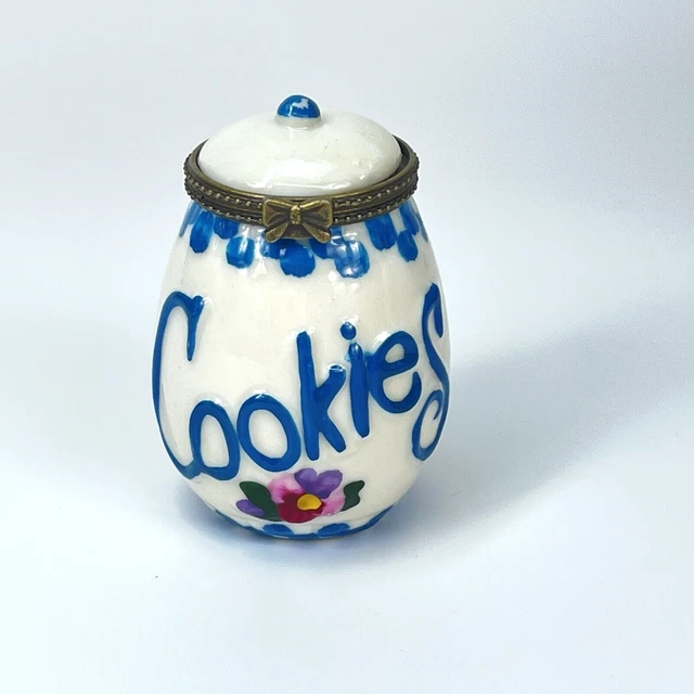De colección tarro de galletas caja de baratijas tapa de porcelana con bisagras azul blanco flor galletas