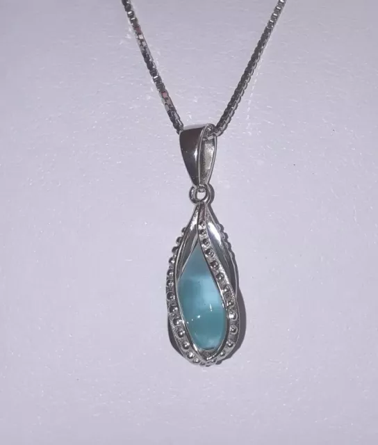 925 Sterling Silver Rhodium Plated Natural Larimar Stone Pendant Necklace..