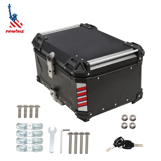 GRUNT SPORTS 65L Motorcycle Tail Box Top Case - Scooter Universal Storage Trunk – Waterproof Aluminum Luggage Tour Helmet Box With Security Lock - Includes Back Cushion (Black, 65L