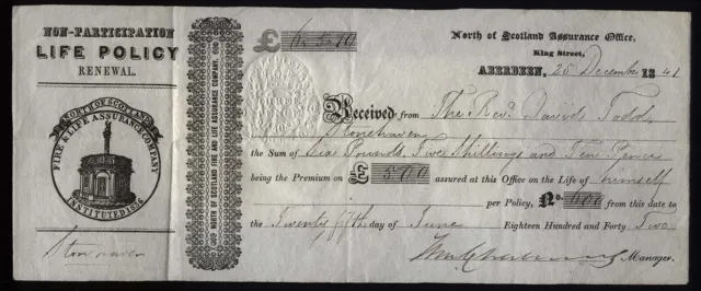 1841 Fine North of Scotland Assurance Office Receipt with 3d REVENUE stamp