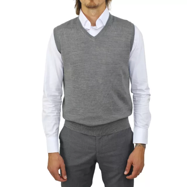 Maglione Uomo Grigio Lana Merinos Gilet Scollo a V Maglioncino Smanicato Elegant