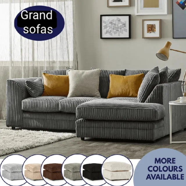 Jumbo Cord Corner Sofa Suite Set Footstool 3 2 Seater Grey Brown Black...