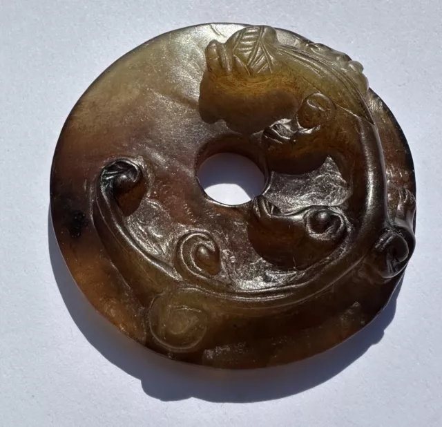 Antique Chinese Burmese Jade  Bi Disk Pendant Carved High Relief Dragons Estate