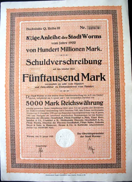 ungelocht Worms historische 5000 Mark 8 % Anleihe 1923 Rheinland-Pfalz