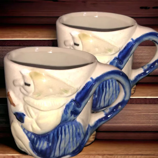 Two Hand Painted Stoneware Ceramic Coffee Mugs 3D Witch On The Broom Very Unique