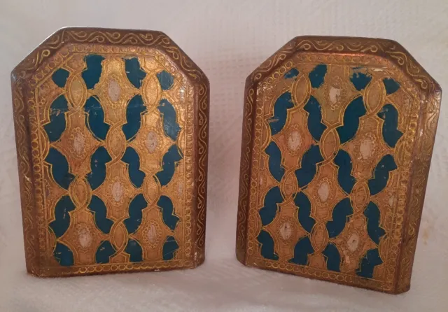 Vintage Florentine Bookends Italian Gold W/ Blue Gilt Wood Italy 5" X 4"