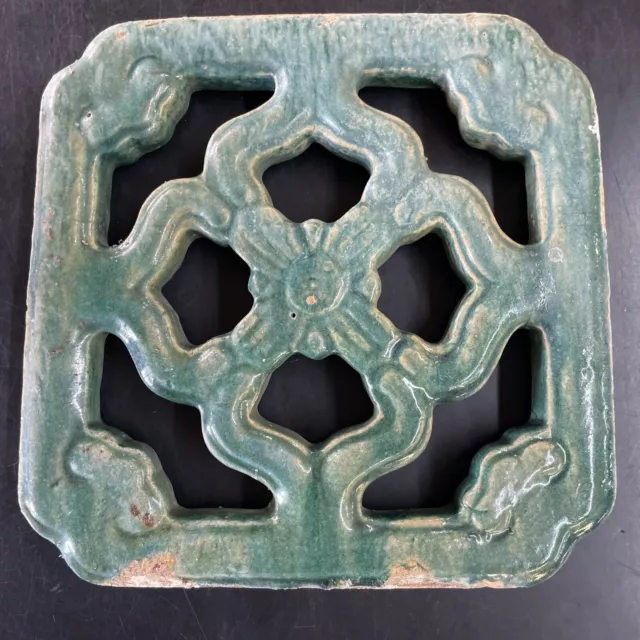 Green Majolica Tile Large Garden Wall Accent Trefoil Cutouts Double Sided Stove