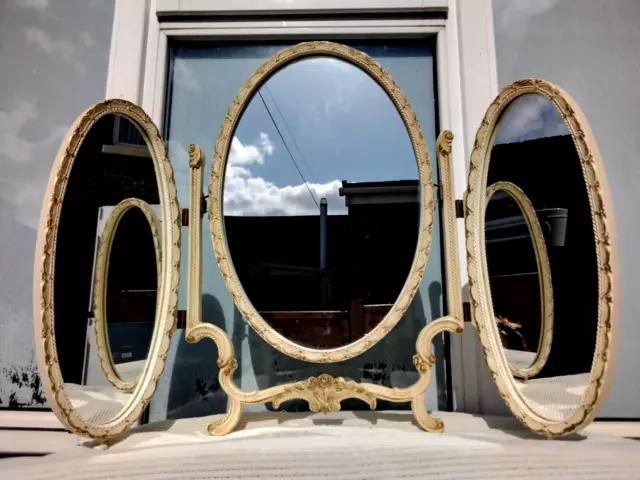 Vintage Pale Cream & Gold Free Standing Triple Louis Style Dressing Table Mirror