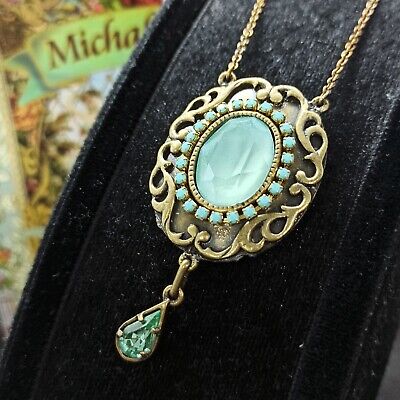 Michal Negrin Necklace Victorian Pendant Large Oval Cameo Aqua Blue Crystal Gift