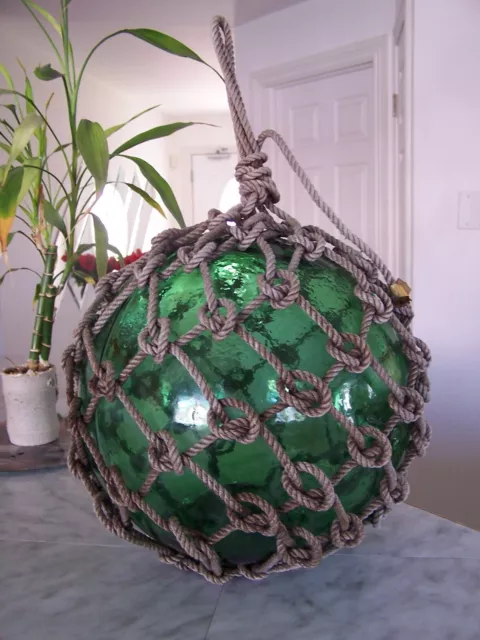 Huge Green Glass Fishing Float Rope Ball Net Nautical (circumference 40")