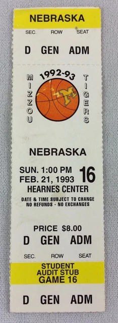 1993 02/21 Nebraska at Missouri Tigers Basketball Full Ticket