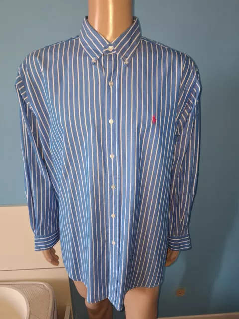 Camicia Uomo Azzurra A Righe Manica Lunga Polo Ralph Lauren Taglia Xl 100%Cotone