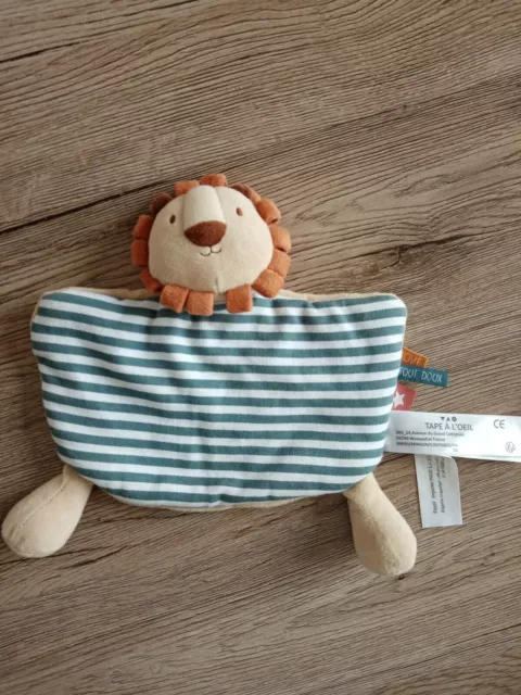 Doudou plat Lion marron beige rayé bleu blanc TAPE A L'OEIL TAO (état neuf)