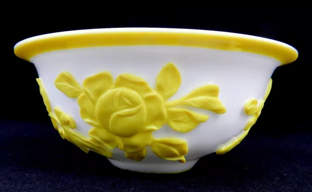 Old Chinese Peking Glass Bowl Yellow Flowers Vintage Antique