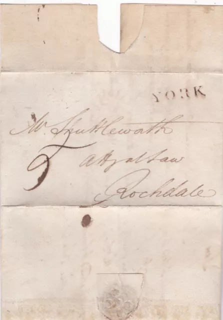 1799 YORK NAME-STAMP ON LETTER TO Ra SHUTTLEWORTH ATTORNEY AT ROCHDALE