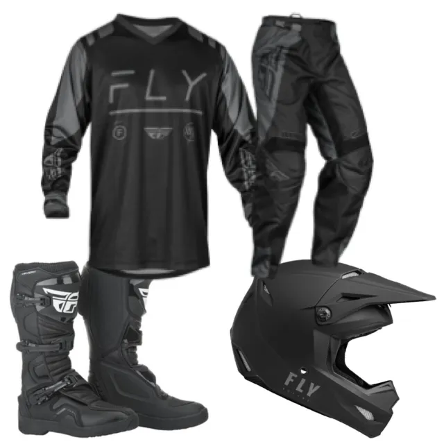 FLY Racing Motocross Kit Combo Complete Adult Kit Helmet & Boots MX Gear Black