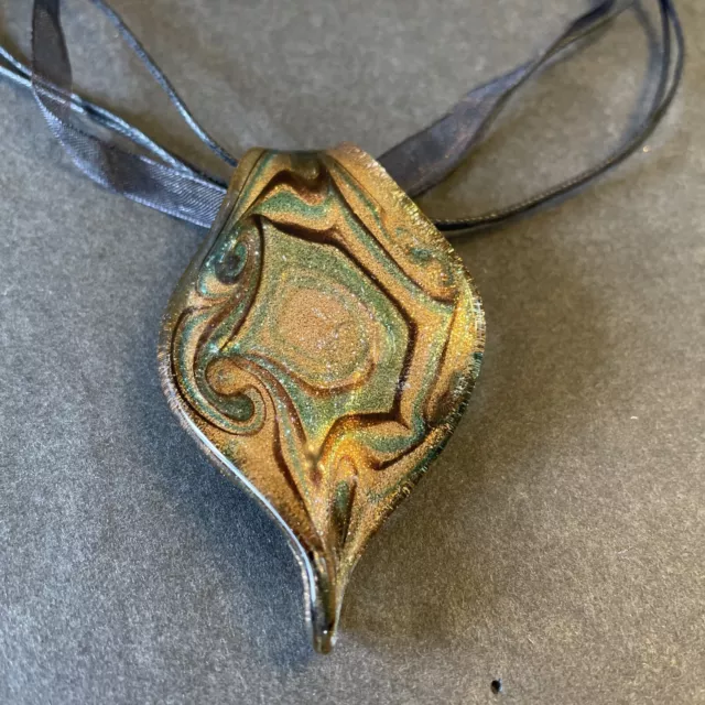 Vintage Necklace Glass Pendant Gold Blue Green Swirl  Ribbon Jewelry 17”