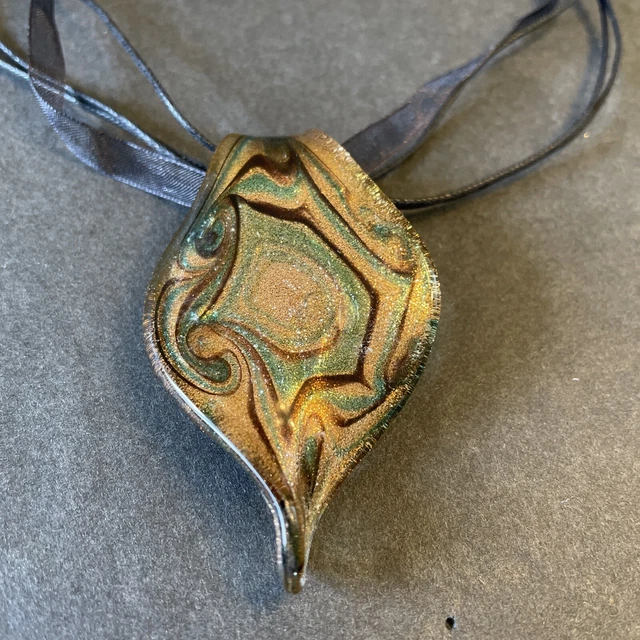 Vintage Necklace Glass Pendant Gold Blue Green Swirl  Ribbon Jewelry 17”