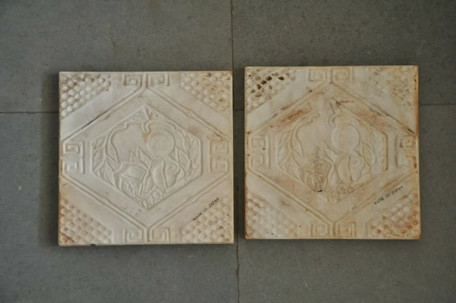 2 Pc Vintage F.M Fish Mark Rose Flower Embossed Ceramic Tiles,Japan 9