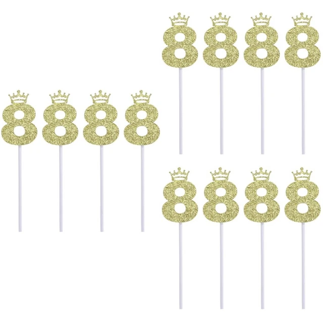 12 piezas Pastel Toppers Número 8 Coronas Brillo Papel Picks Toppers