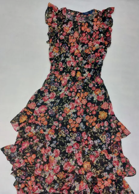 Rachel Roy Issa Chiffon Black Floral Print Tiered Ruffle Maxi Dress Size 0 2