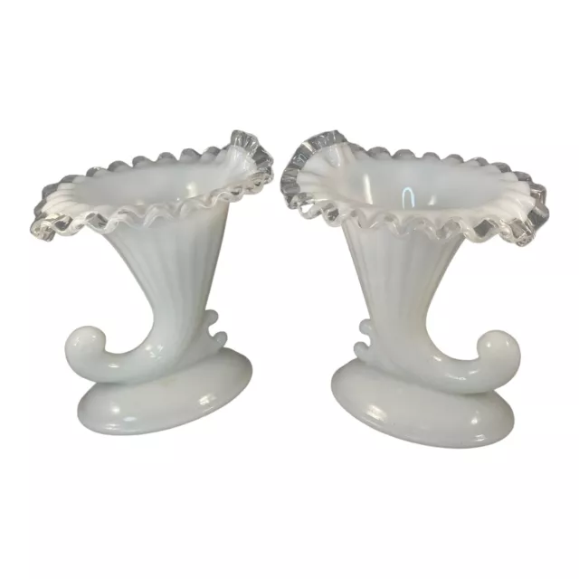 Set Of 2 VTG Fenton Milk Glass Silver Crest Cornucopia Candle Holder Vase 6in