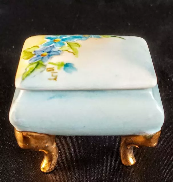 Vintage Porcelain Hand Painted Gold Blue Green Footed Trinket Dish w/ Lid