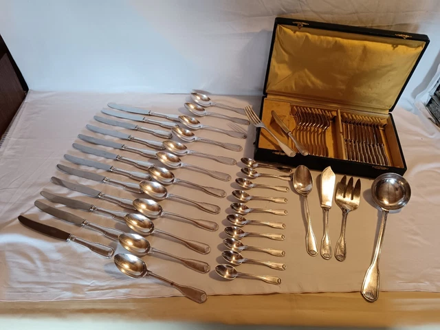 12 Couteaux 12 Fourchettes +2 Couverts À Desservir Poisson Metal