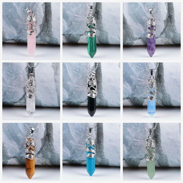 Natural Hexagonal Wand Pendant Chakra Quartz Crystal Point Stone Necklace Gift