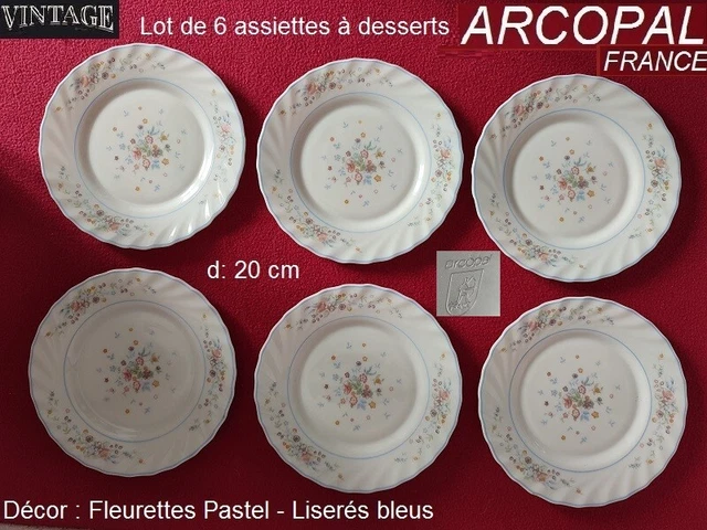 Lot De 6 Assiettes à Dessert Arcopal France – Opaline Jaune, Liseré Bleu (vintage)