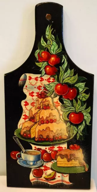 Vintage RUSSIAN WOODEN WALL HANGING/ PADDLE Hand Painted Lacquer APPLES Signed