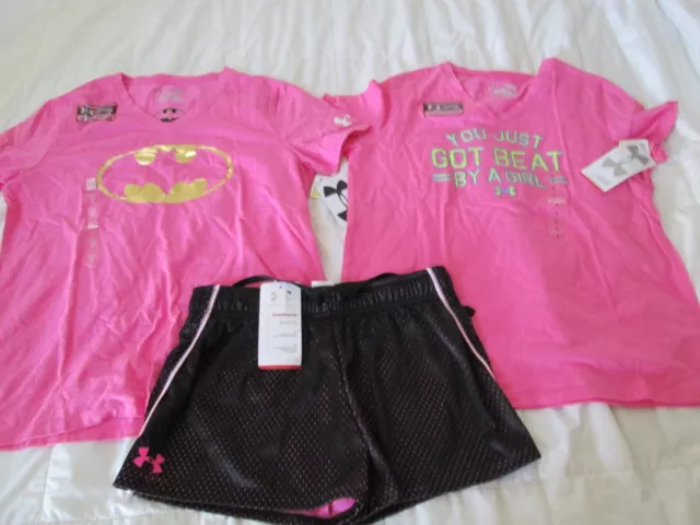NEW Girls 3Pc UNDER ARMOUR OUTFIT Pink Graphic+BATMAN+Blk Shorts YLG FREE SHIP