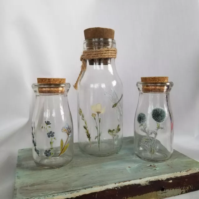 Upcycled Botanical Glass Bottle Jar Set w/Cork Stoppers Vanity Boudoir Decor,