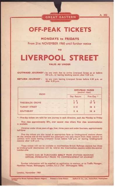 British Railways (Great Eastern) 1960 Handbill Off Peak Tickets to Liverpool St